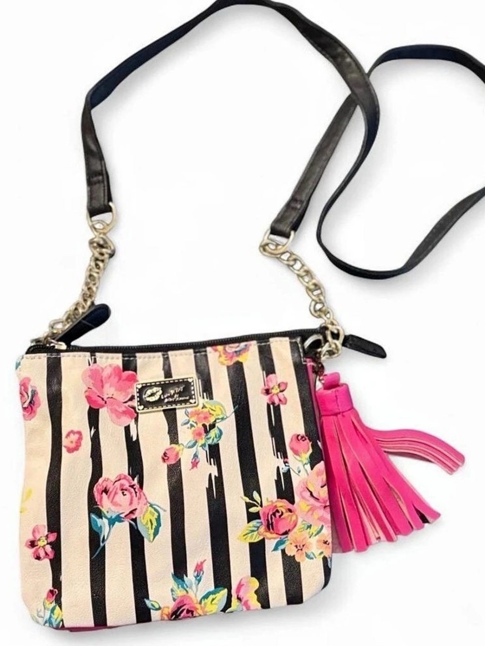 Floral Striped Crossbody Bag in Black & Pink !Like New